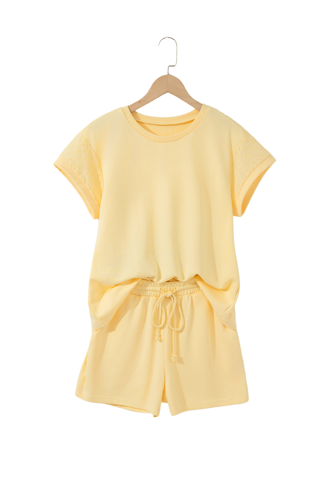 Yellow  Eyelet Lace Patchwork Sleeve Short 2pcs Outfit