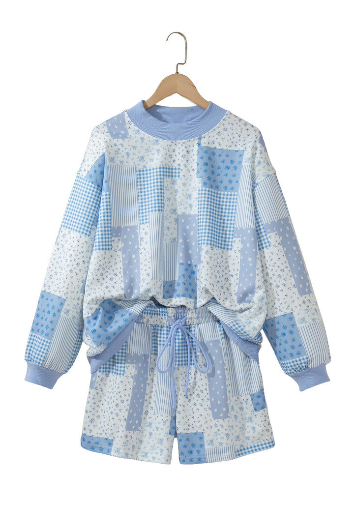 Patchwork Floral Print Drop Shoulder Baggy Pullover Drawstring Shorts Set