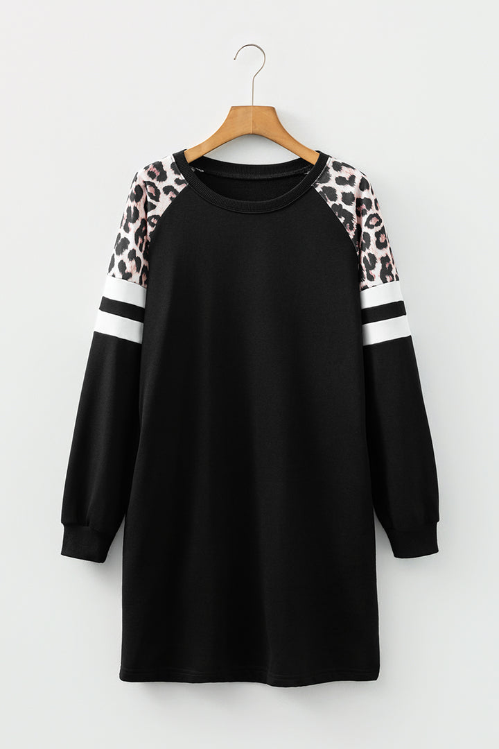 Black Leopard Print Patchwork Varsity Raglan Sleeve Sweatshirt Dress