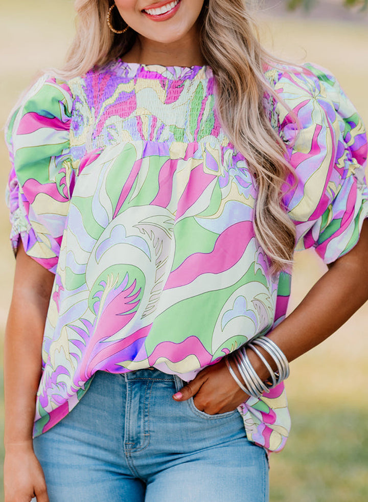 Abstract Print Bubble Sleeve Smock Detail Blouse