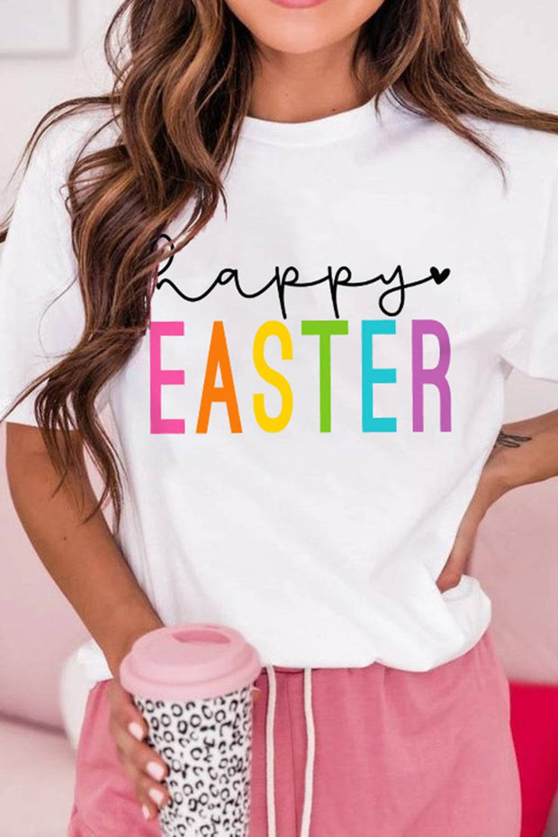 White Happy EASTER Letter Graphic Round Neck Tee - White / 2XL