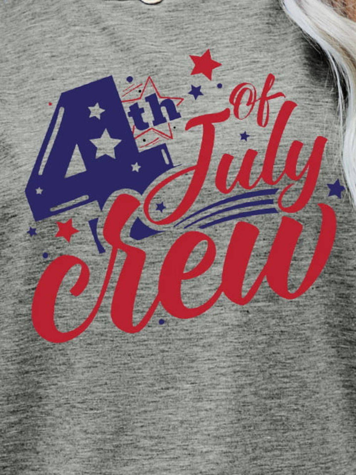a woman wearing a 4th of july crew shirt