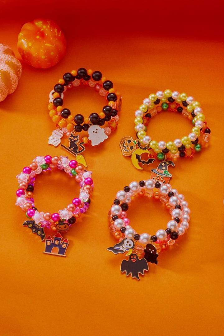 Orange 3pcs Halloween Pendent Elastic Beaded Bracelet Set
