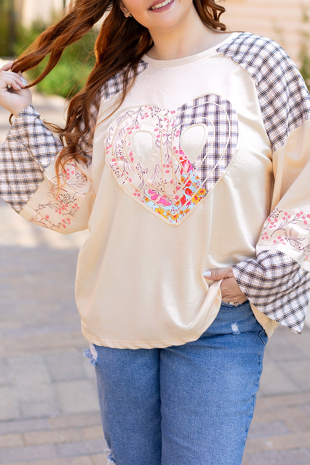 Plaid Floral Peace Heart Graphic Wide Long Sleeve Top