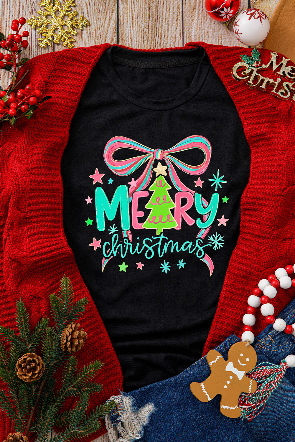 Black MERRY Christmas Vibrant Bow Heat Transfer Printing T Shirt