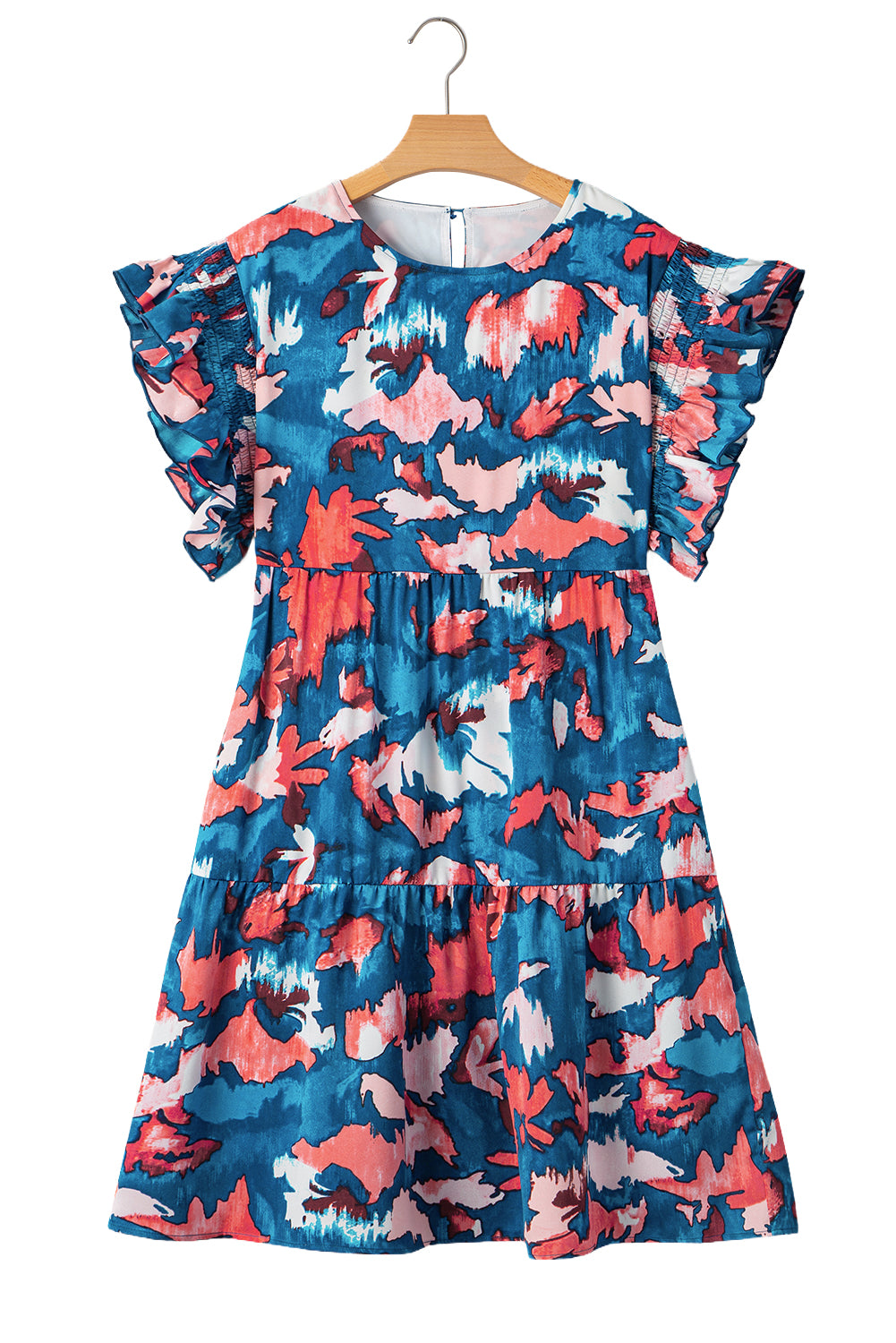 Blue Abstract Print Shirred Ruffled Short Sleeve Tiered Plus Size Mini Dress - Sunny Angela Blue / 2X Blue Abstract Print Shirred Ruffled Short Sleeve Tiered Plus Size Mini Dress - Sunny Angela Blue / 2X