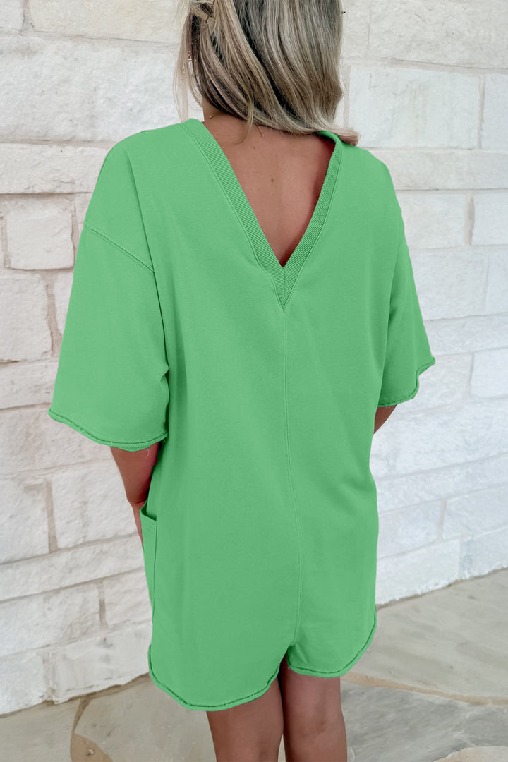 Solid Color Raw Edge Half Sleeve Pocketed Loose Romper