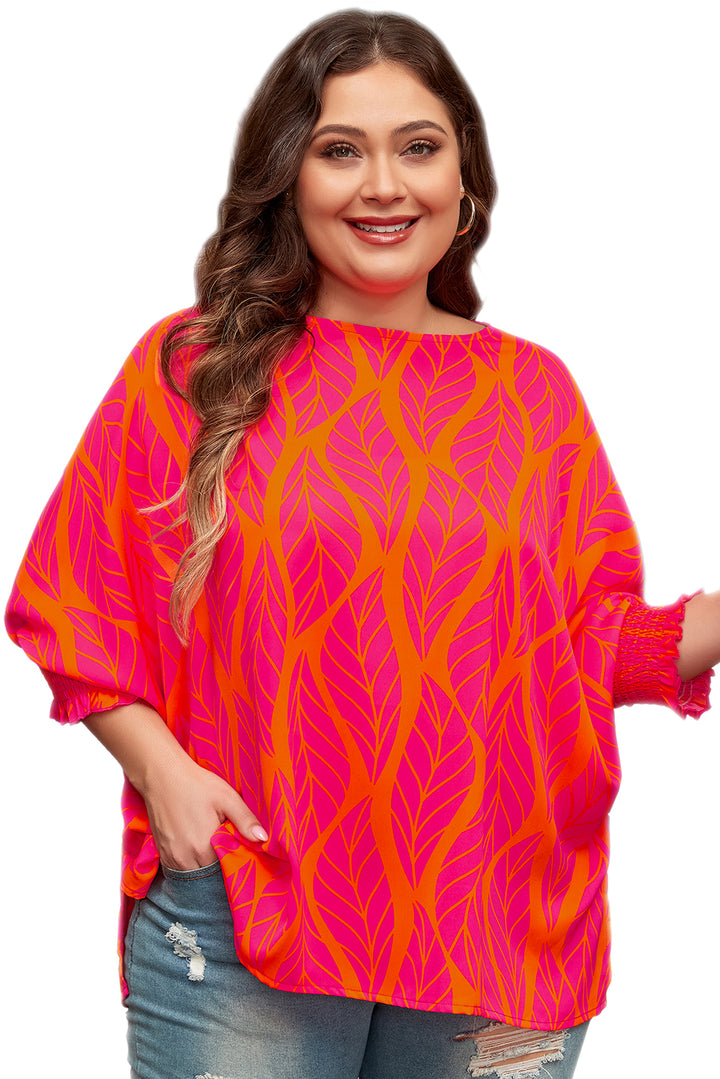 Rose Leafy Printed Smocked Lantern Sleeve Plus Size Blouse