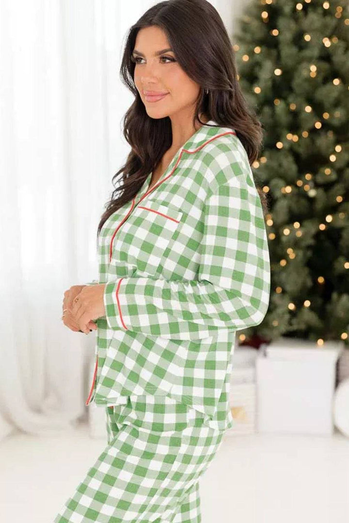 Light Green Plaid Print Shirt and Drawstring Pants Pajama Set