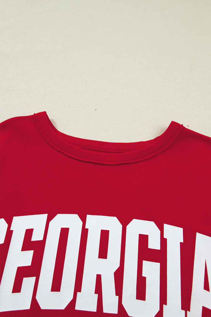 Racing Red GEORGIA Letter Printed Raw Seam Drop Shoulder Loose Tee