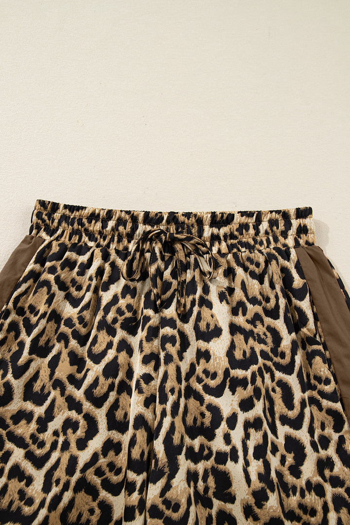 Brown Leopard Collared 3/4 Sleeve Shirt and Loose Pants Two Piece Outfit Set