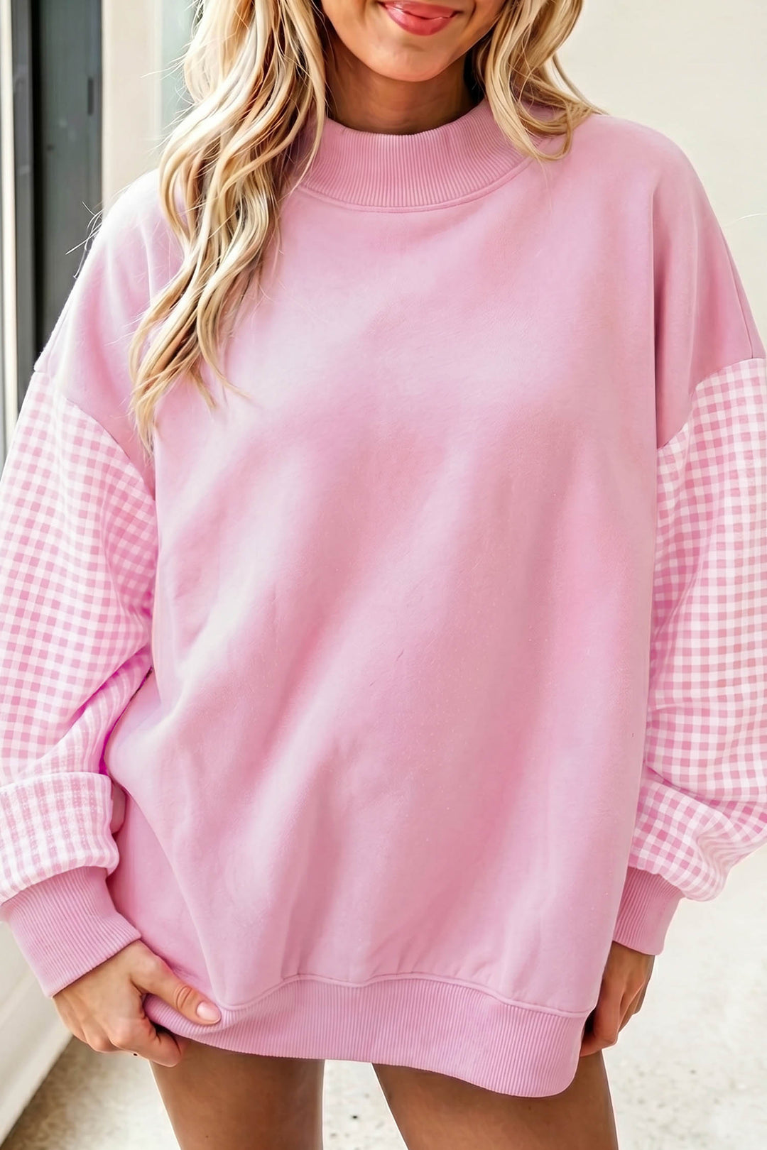 Plaid Sleeve Color block Loose Tunic Sweatshirt