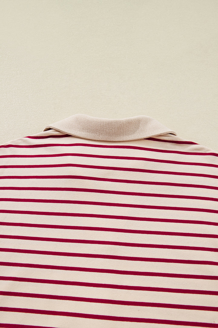 Red Stripe Cropped Collared Drop Shoulder Pullover and Bubble Mini Skirt Set