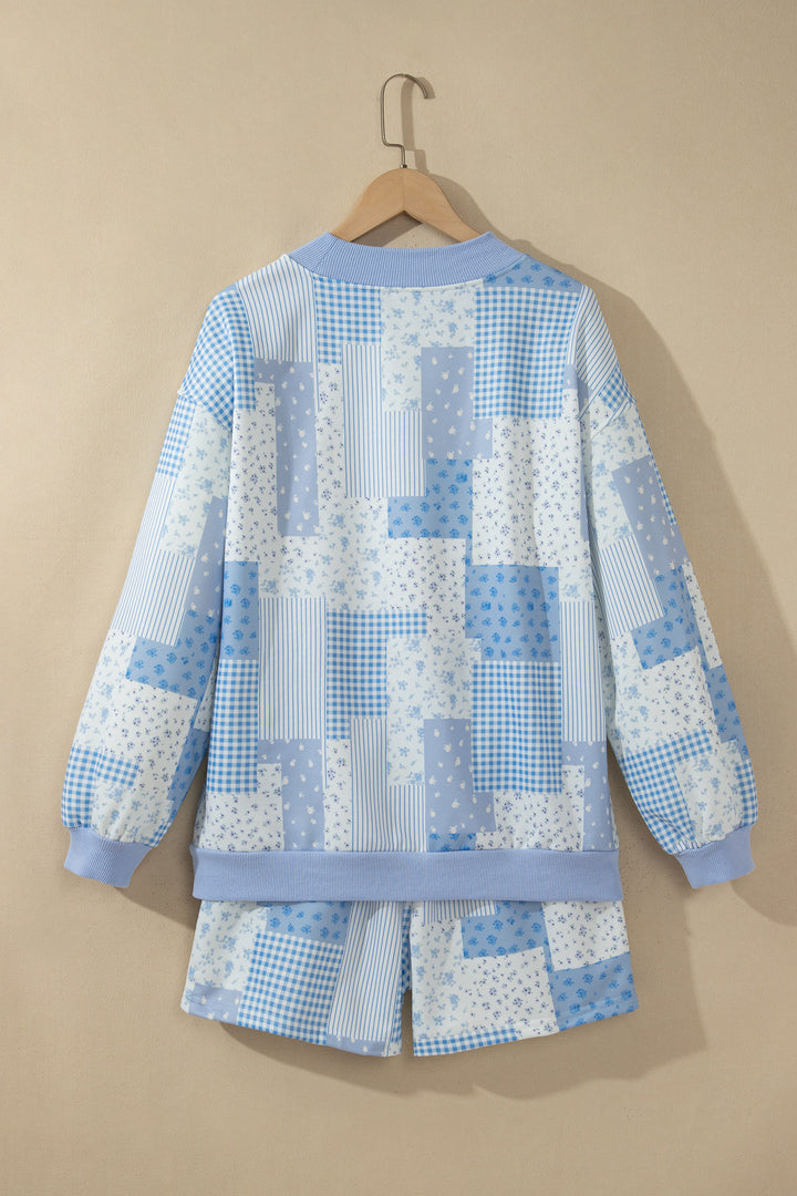 Patchwork Floral Print Drop Shoulder Baggy Pullover Drawstring Shorts Set