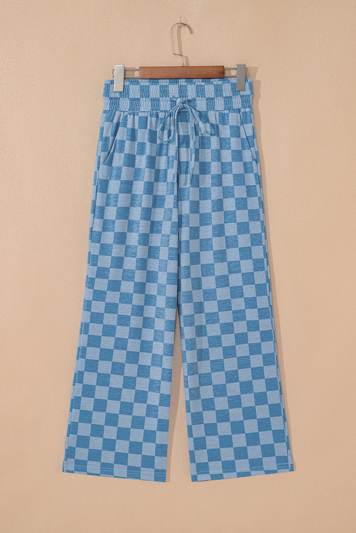 Sky Blue Checkered Elastic High Waist Loose Casual Pants