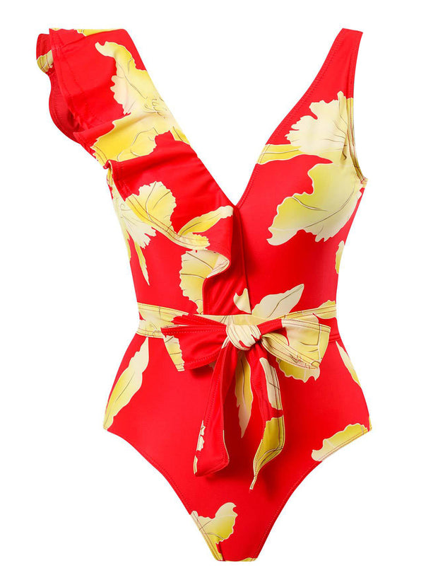 a red and yellow one piece swimsuit with a bow