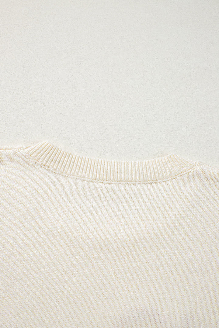 Boo Knitted Pattern Ribbed Edge Drop Shoulder Sweater