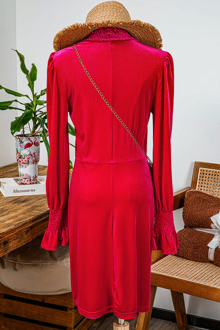 Racing Red Tinsel Buttoned Bishop Sleeve Surplice Neck Ruffled Mini Dress