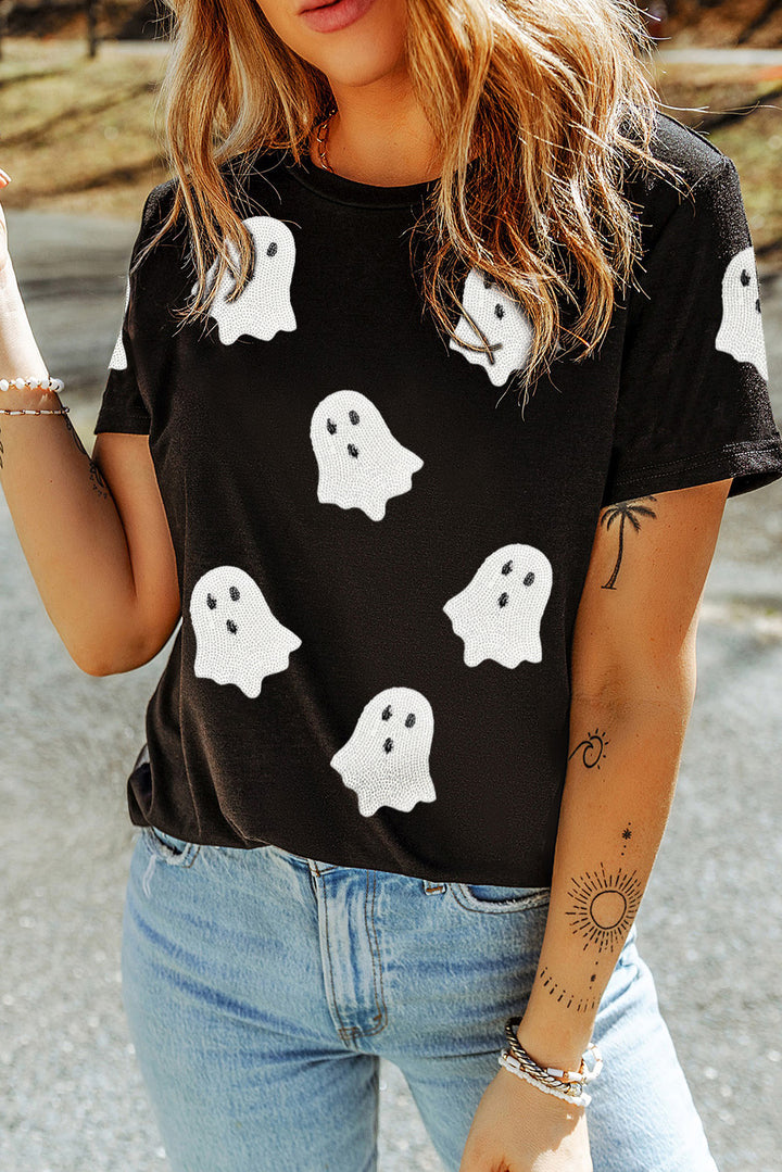 Sequin Halloween Ghost Patched Casual T Shirt