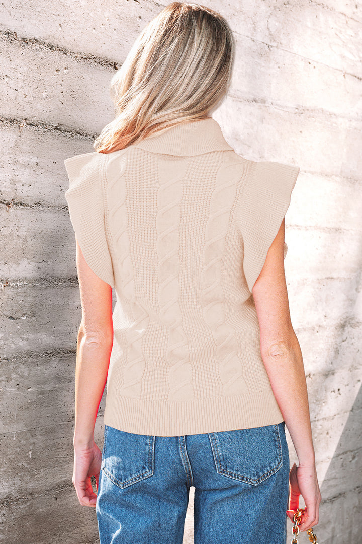 Cable Knit Turtleneck Ruffled Short Sleeve Sweater