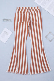 Brown Striped Fringe Bell Bottom Denim Pants -