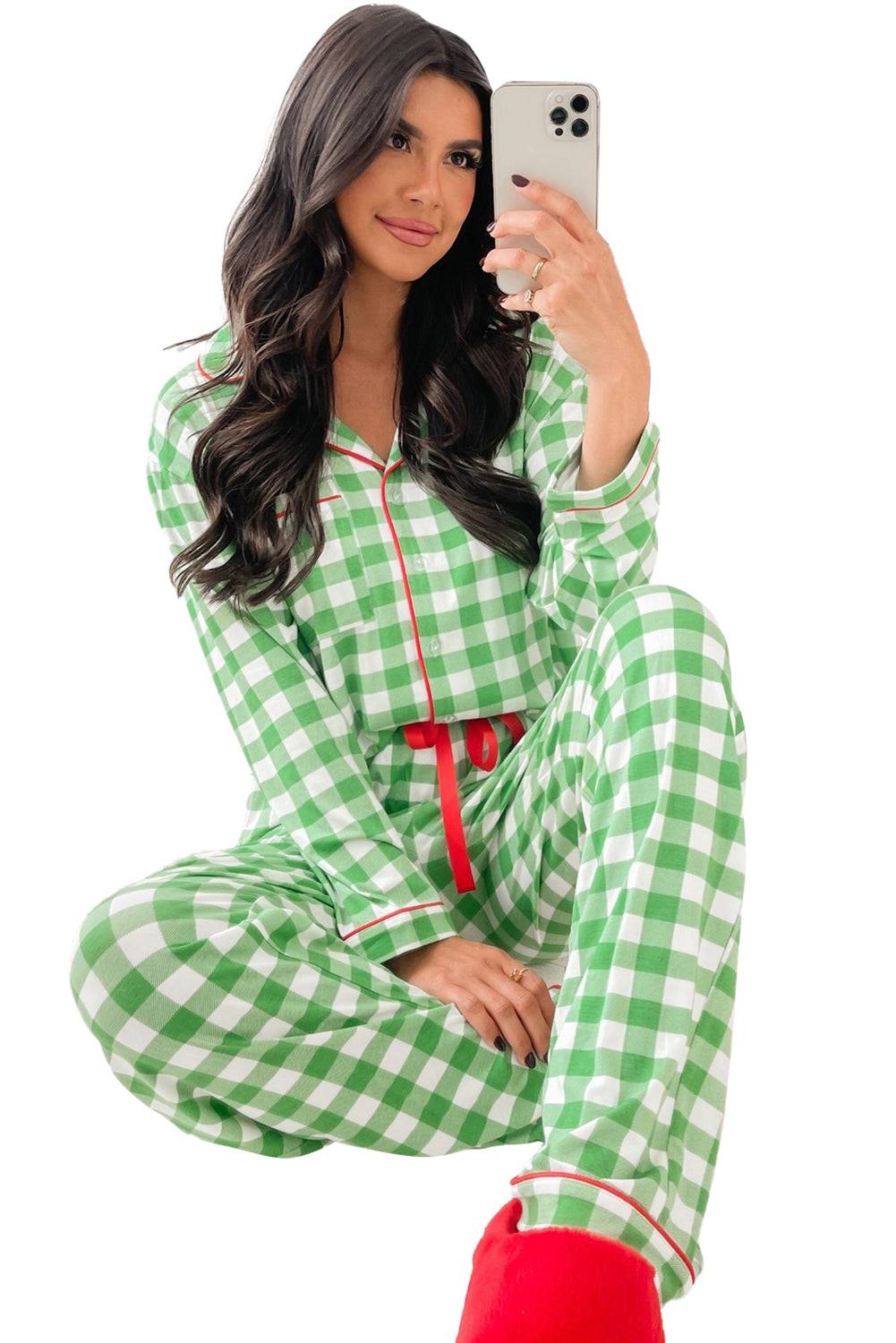 Light Green Plaid Print Shirt and Drawstring Pants Pajama Set