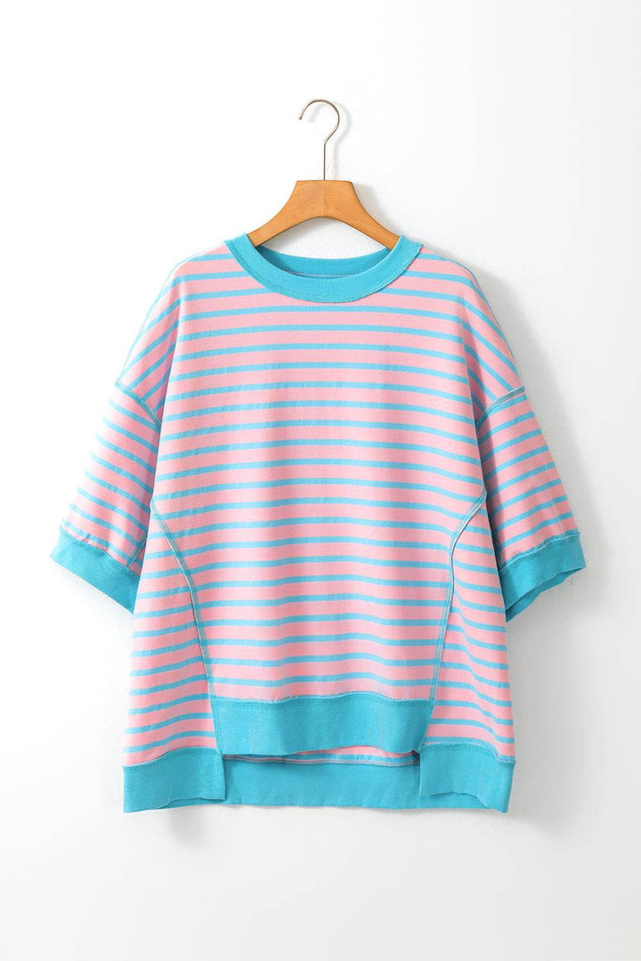 Stripe Oversized Contrast Trim Exposed Seam High Low T Shirt