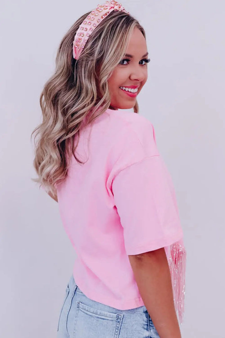 Pink Fringe Sequin Hem Cropped T-shirt -