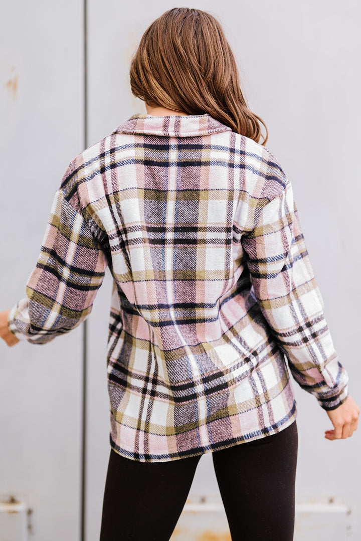 Geometric Plaid Print Pocketed Shacket -