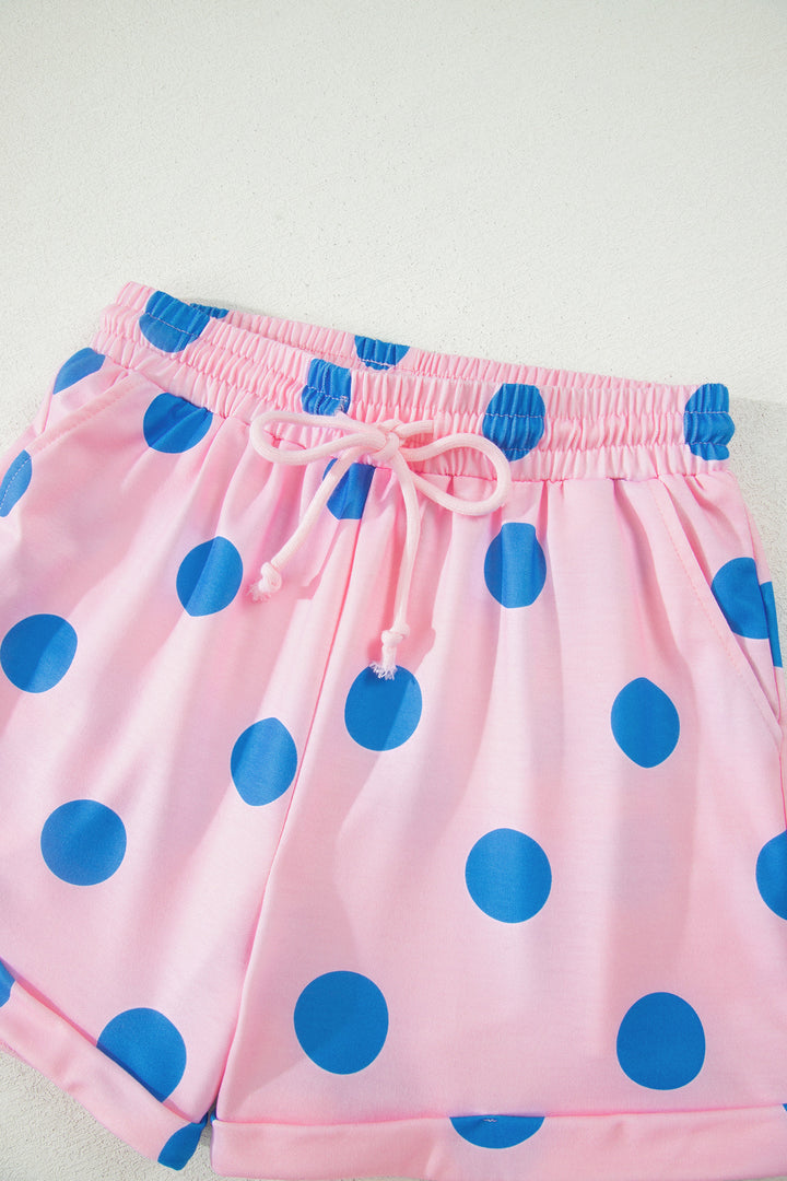 Polka Dot Print V Neck Tee Short Set