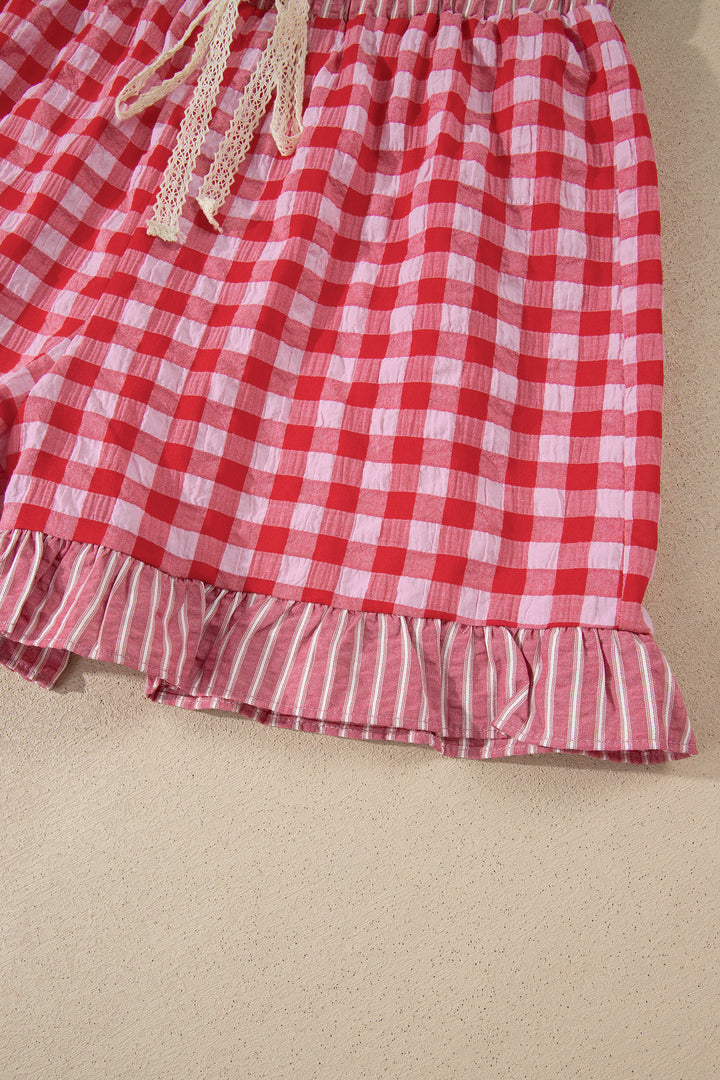Gingham Print Ruffle Striped Detail Lace Tie Shorts
