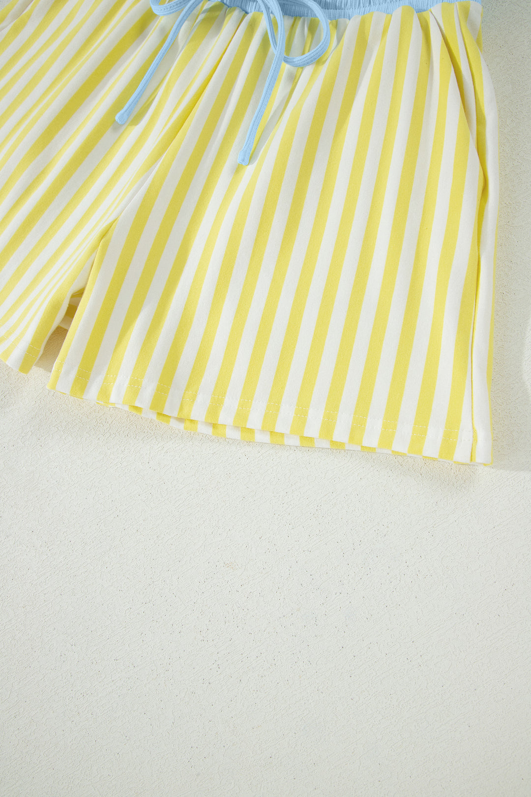 Stripe Colorblock Trim V Neck Tee Drawstring Elastic Waist Short Set