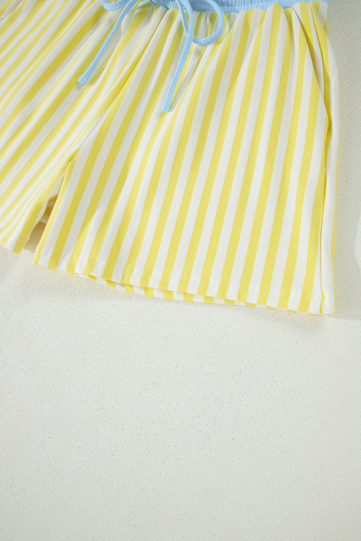 Stripe Colorblock Trim V Neck Tee Drawstring Elastic Waist Short Set
