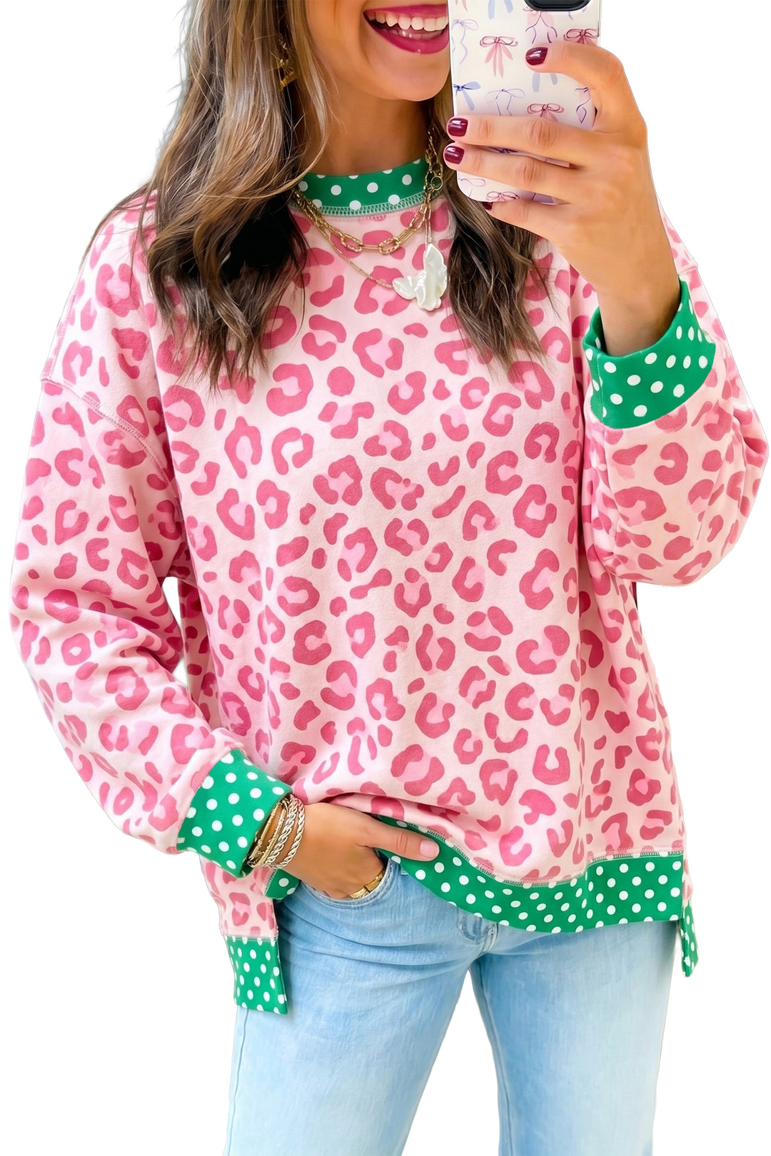 Leopard Polka Dot Color block Trim Long Sleeve Top