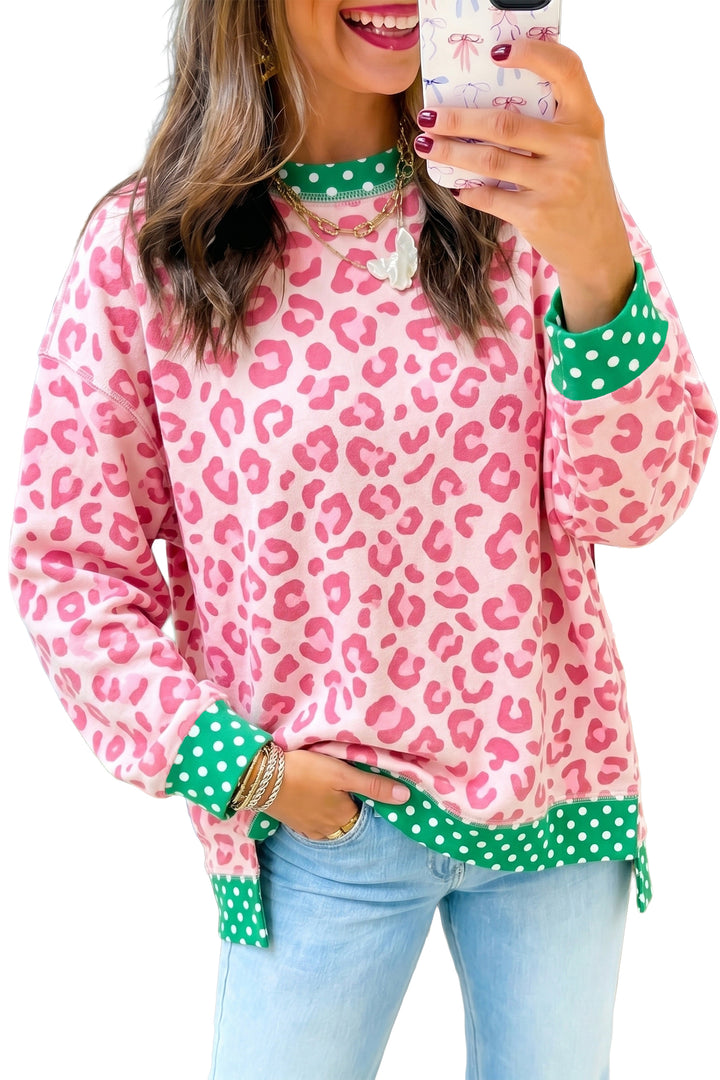 Leopard Polka Dot Color block Trim Long Sleeve Top