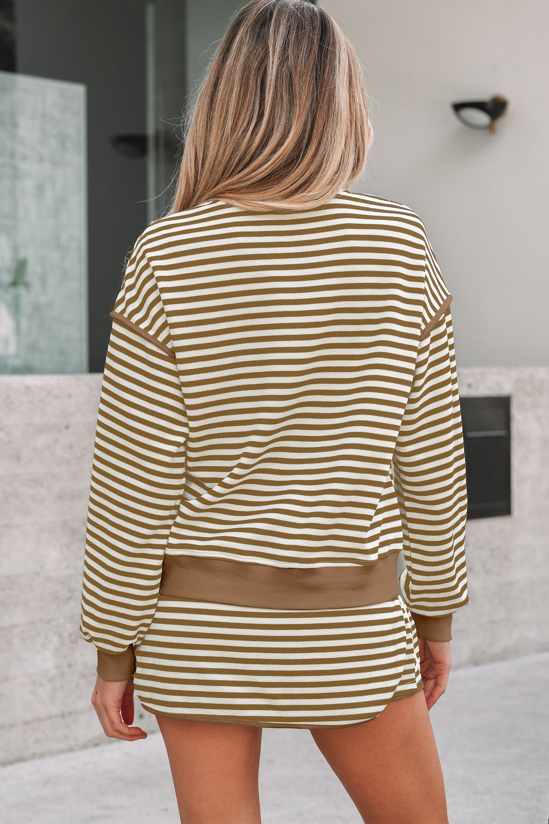 Brown Stripe Textured Drop Shoulder Pullover Top Drawstring Mini Skirt Two Piece Dress Set