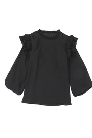 a black top with ruffled sleeves on a white background