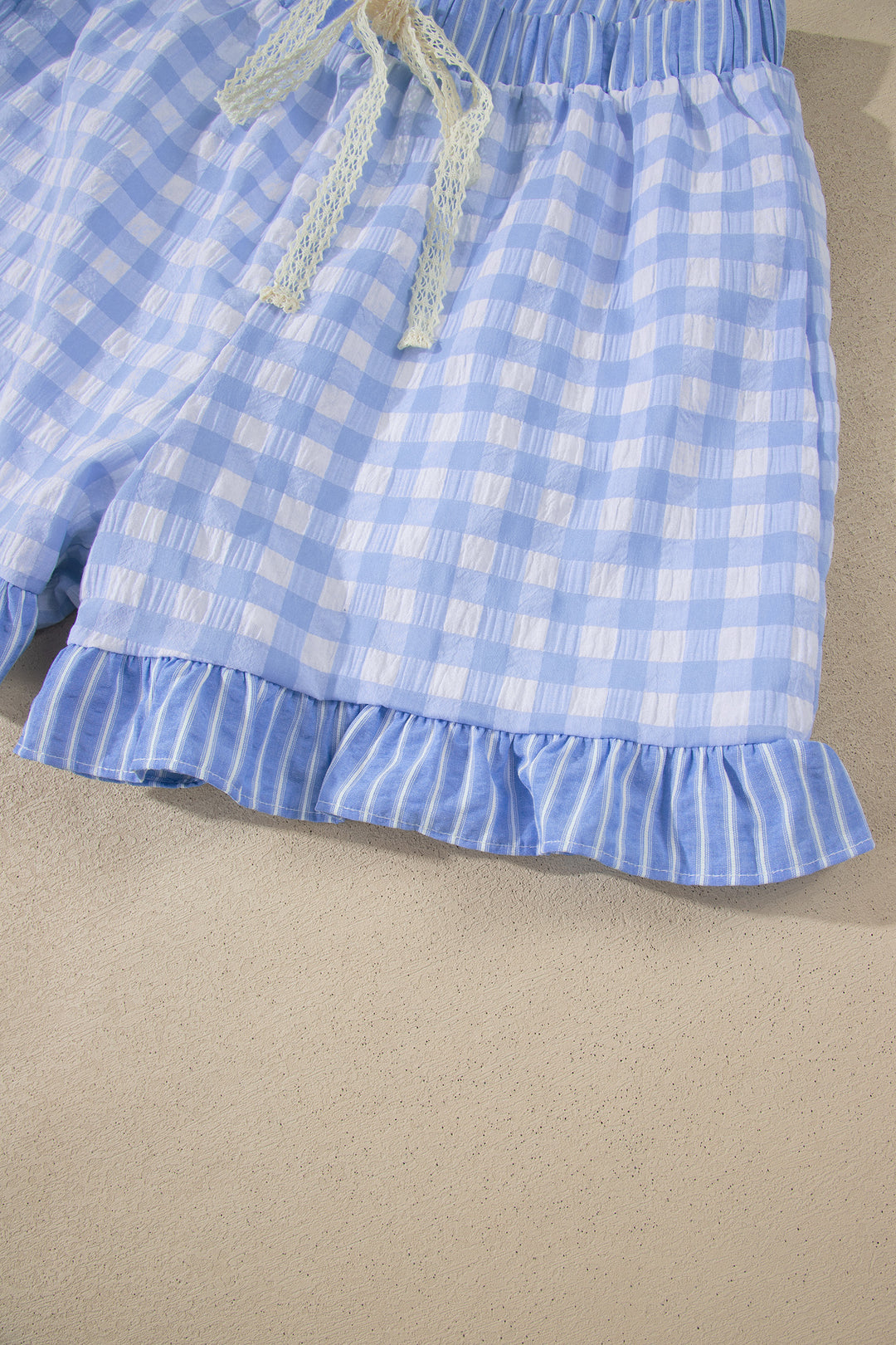 Gingham Print Ruffle Striped Detail Lace Tie Shorts