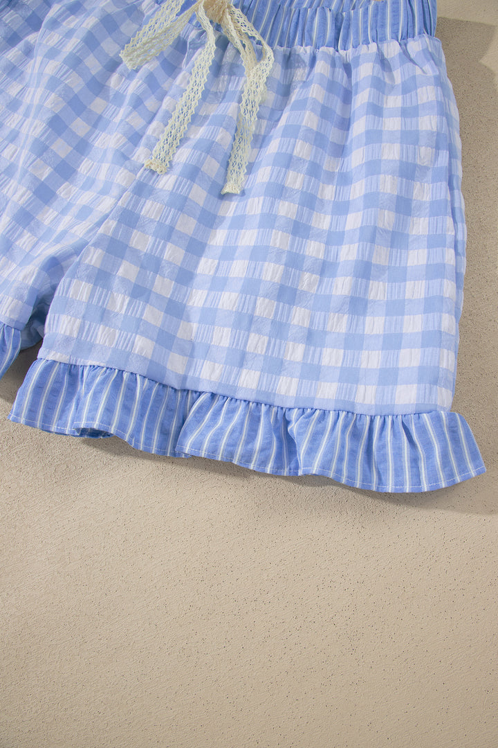 Gingham Print Ruffle Striped Detail Lace Tie Shorts