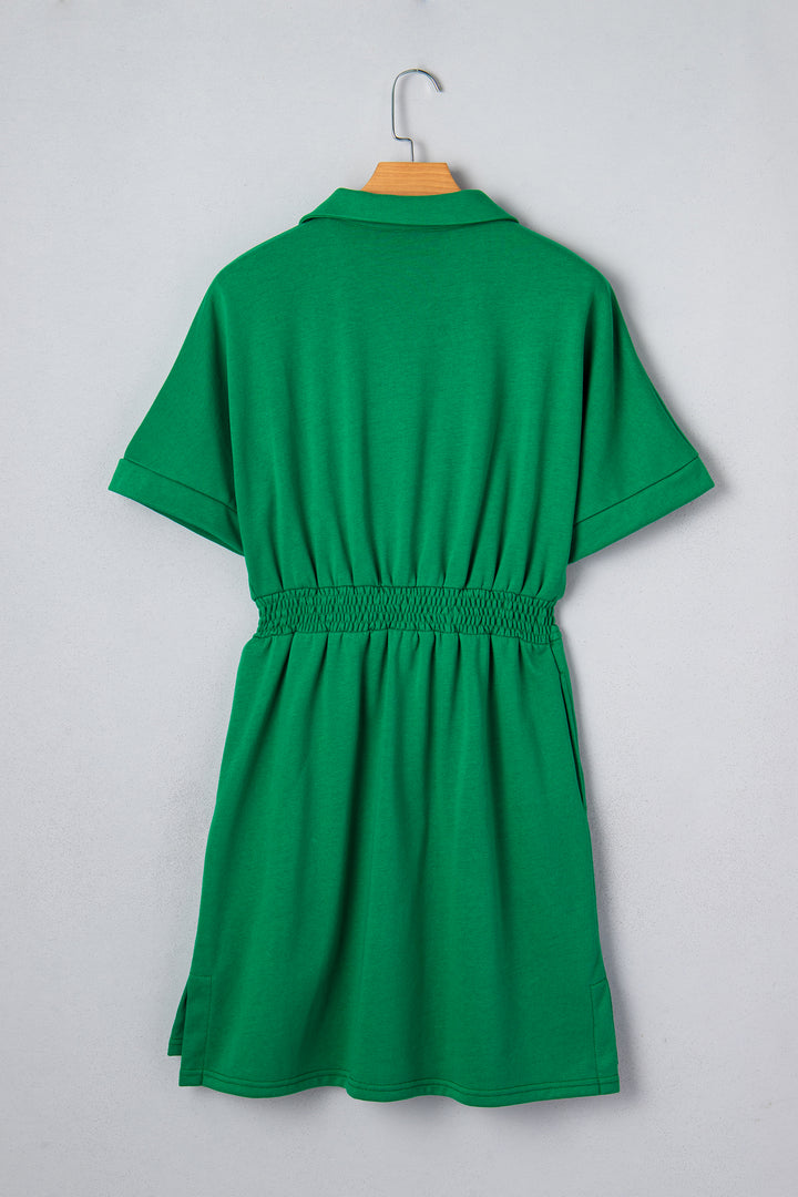 Bright Green Contrast Patchwork Half Zip Elastic Waist Short Sleeve Mini Dress