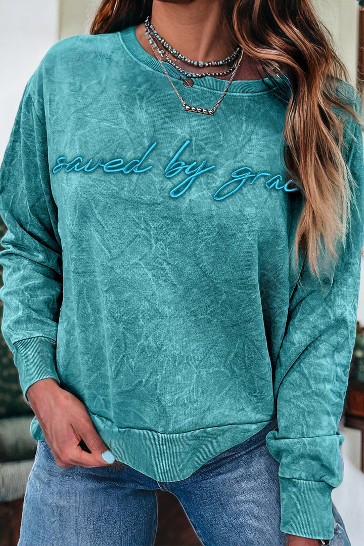 saved by grace Letter Embroidery Mineral Wash Loose Sweatshirt