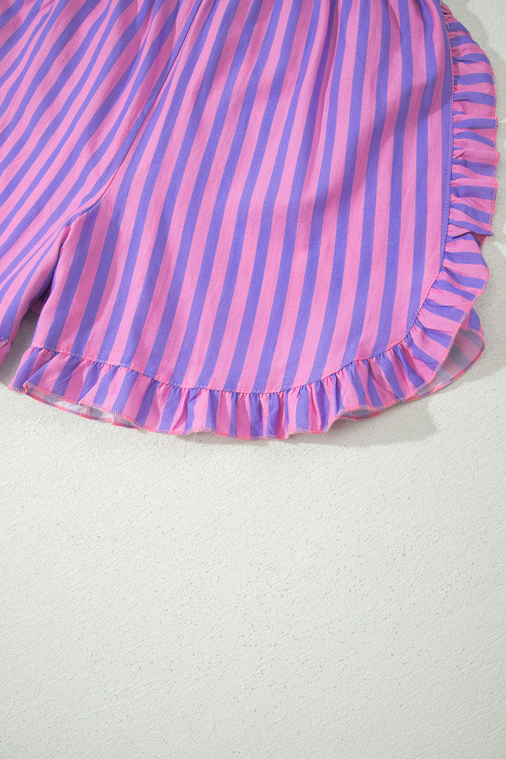 Stripe Elastic Waist Ruffle Trim Casual Shorts