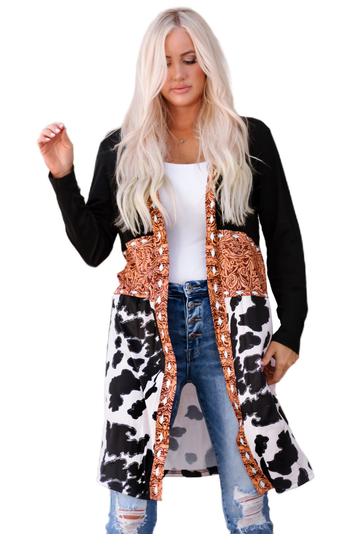 Black Western Pattern Cow Patchwork Open Front Cardigan