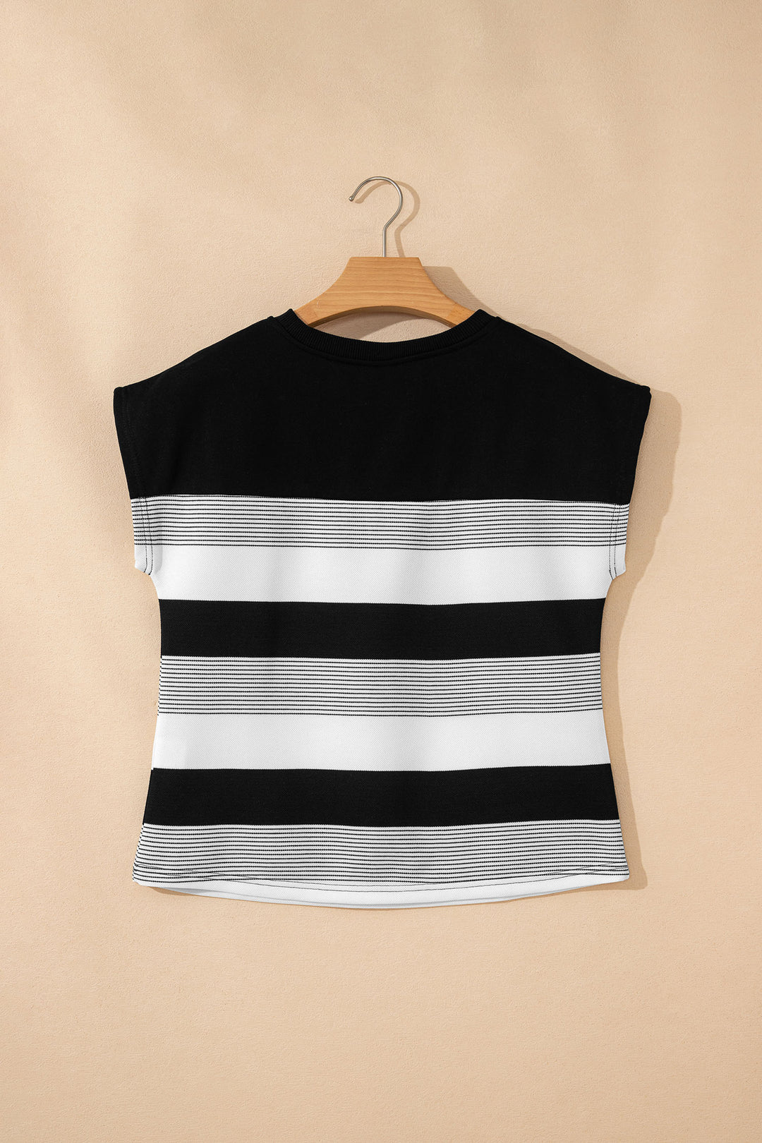 Stripe Mixed Print Crew Neck Cap Sleeve T Shirt