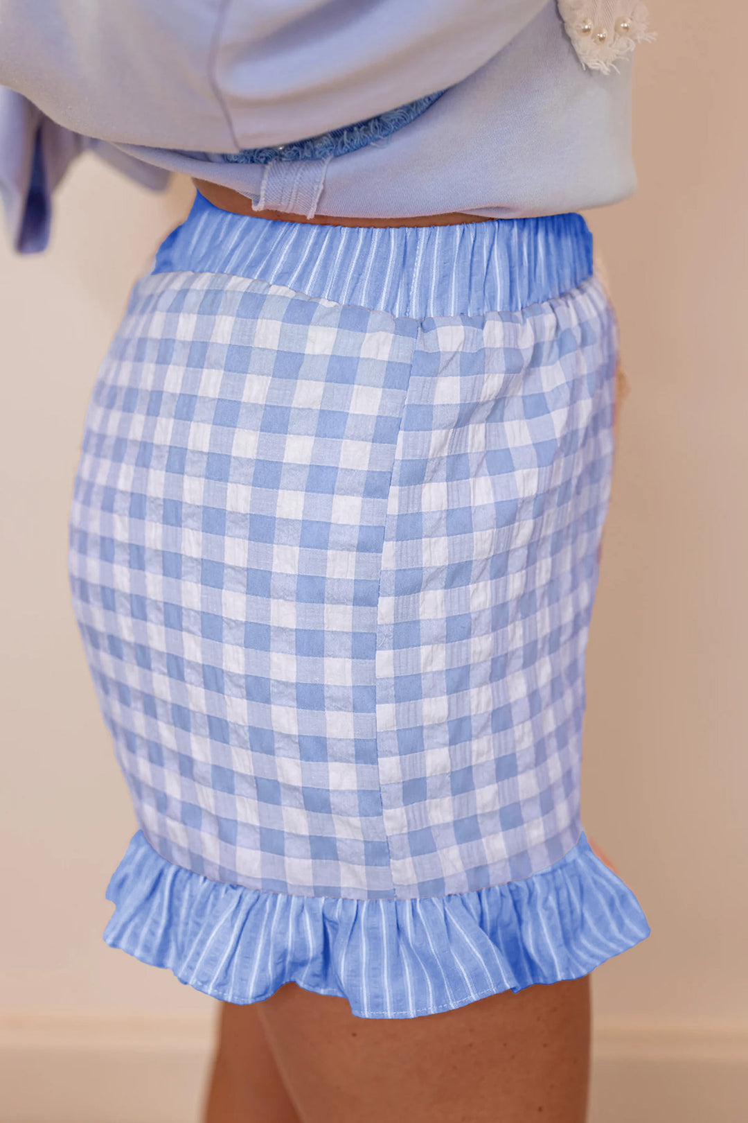 Gingham Print Ruffle Striped Detail Lace Tie Shorts