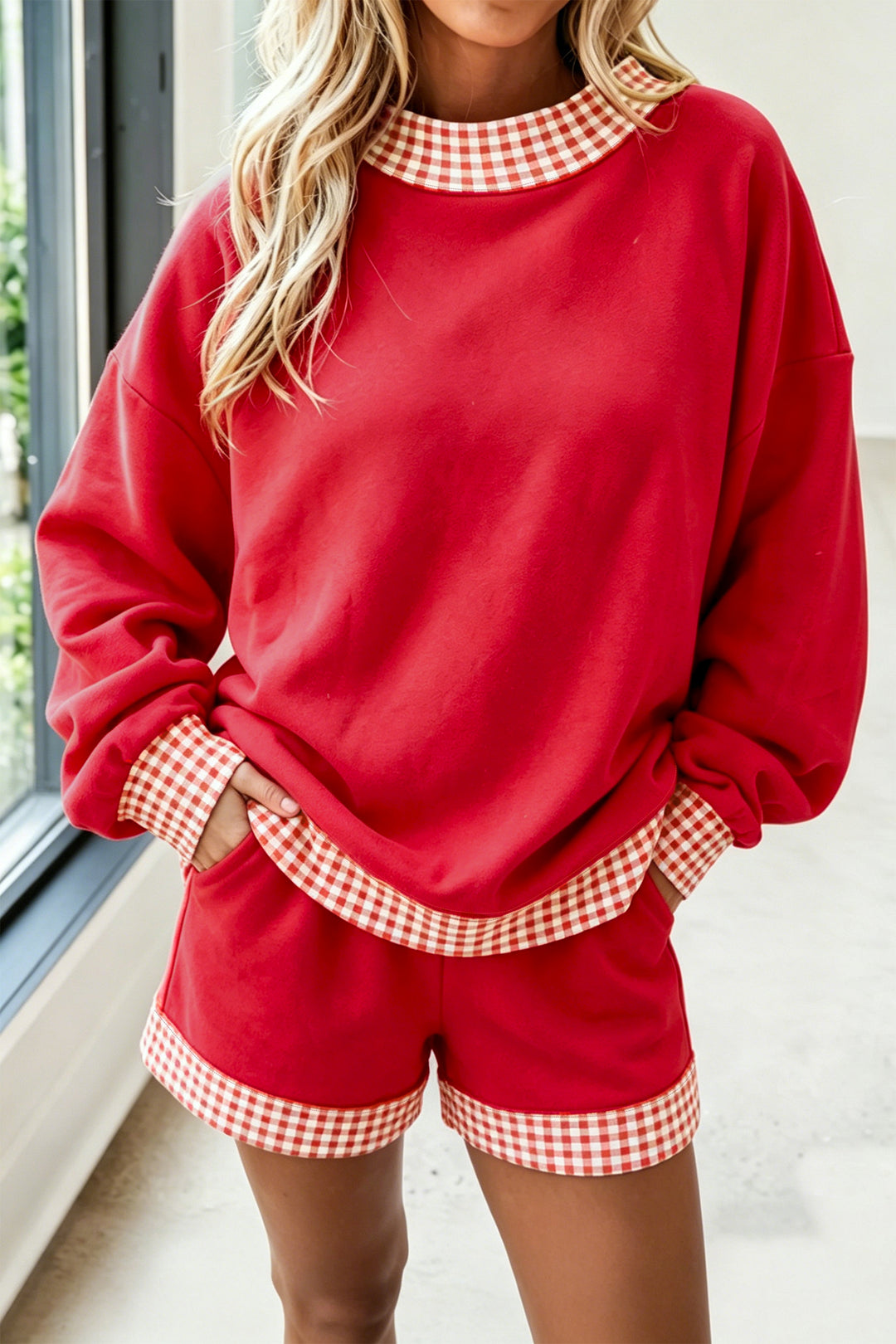 Polka Dot Trim Baggy Pullover 2pcs Short Set
