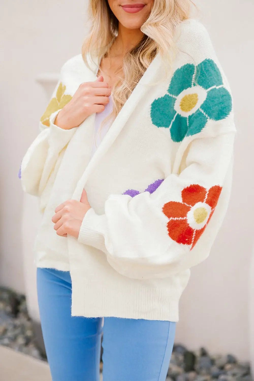 White Flower Jacquared Bubble Sleeve Open Cardigan -