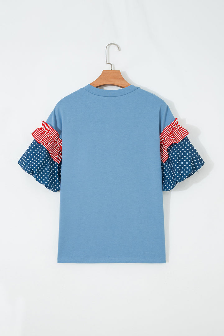 Beau Blue Stars Stripes Short Puff Sleeve Top