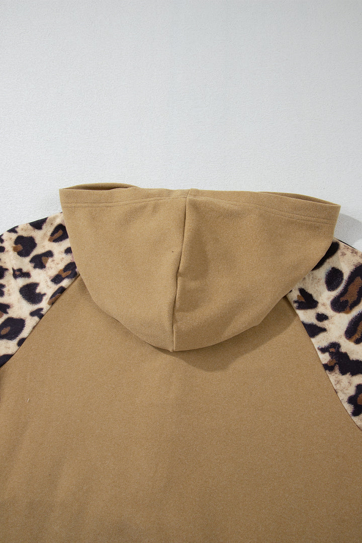 Leopard Print Patchwork Raglan Sleeve Half Buttons Hoodie