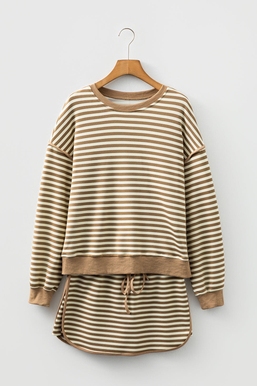 Brown Stripe Textured Drop Shoulder Pullover Top Drawstring Mini Skirt Two Piece Dress Set